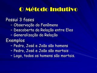 O Método Indutivo 
Possui 3 fases 
–Observação do Fenômeno 
–Descoberta da Relação entre Eles 
–Generalização da Relação 
Exemplos 
–Pedro, José e João são homens 
–Pedro, José e João são mortais 
–Logo, todos os homens são mortais.  