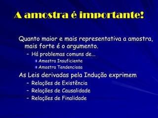 A amostra é importante! 
Quanto maior e mais representativa a amostra, mais forte é o argumento. 
–Há problemas comuns de... Amostra Insuficiente Amostra Tendenciosa 
As Leis derivadas pela Indução exprimem 
–Relações de Existência 
–Relações de Causalidade 
–Relações de Finalidade  