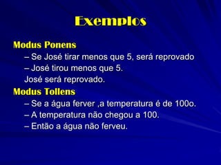 Exemplos 
Modus Ponens 
–Se José tirar menos que 5, será reprovado 
–José tirou menos que 5. 
José será reprovado. 
Modus Tollens 
–Se a água ferver ,a temperatura é de 100o. 
–A temperatura não chegou a 100. 
–Então a água não ferveu.  