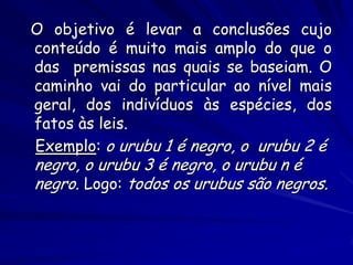 O objetivo é levar a conclusões cujo conteúdo é muito mais amplo do que o das premissas nas quais se baseiam. O caminho vai do particular ao nível mais geral, dos indivíduos às espécies, dos fatos às leis. 
Exemplo: o urubu 1 é negro, o urubu 2 é negro, o urubu 3 é negro, o urubu n é negro. Logo: todos os urubus são negros.  