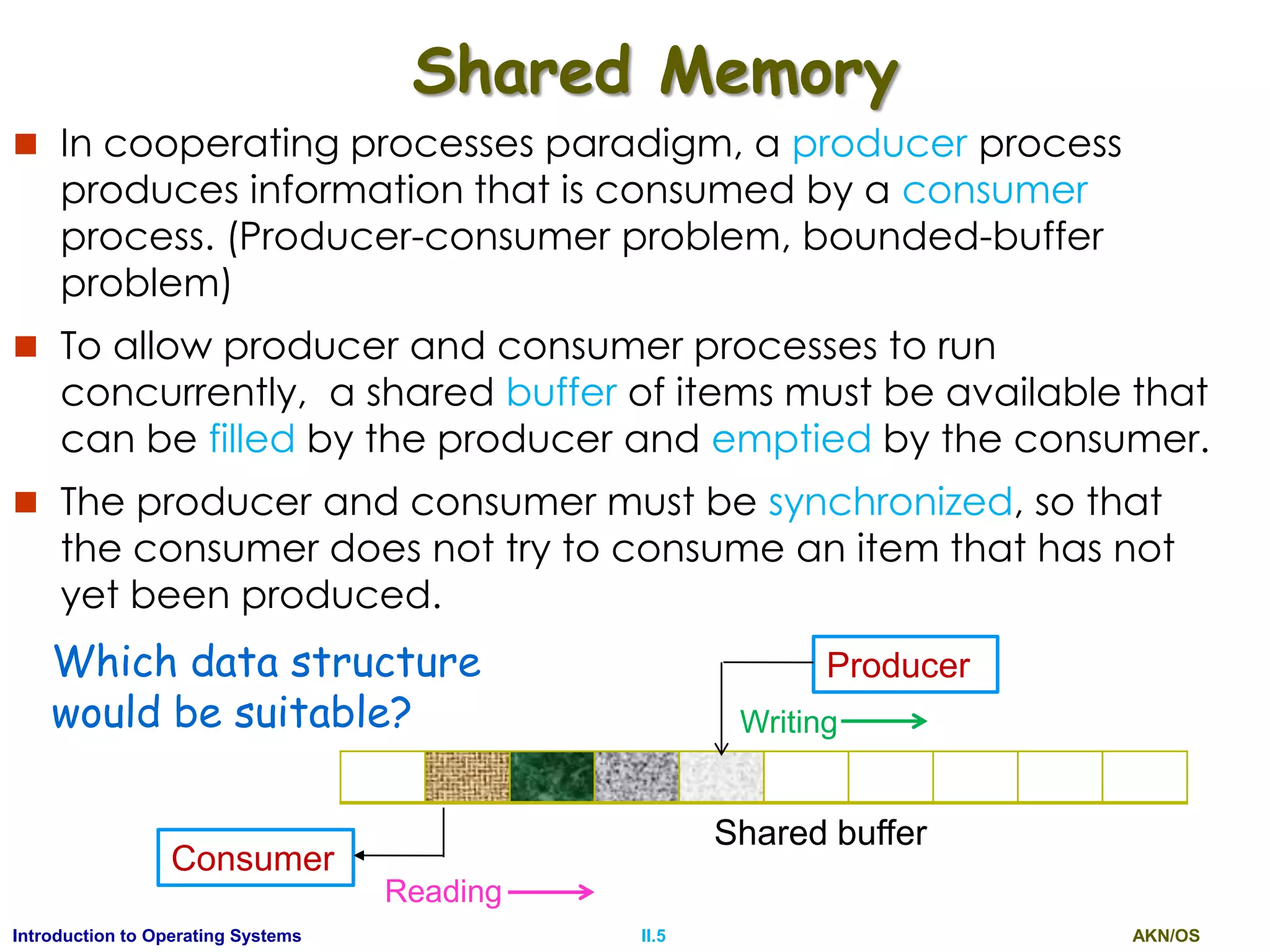 AKN/OSII.5Introduction to Operating Systems
Shared Memory
 In cooperating processes paradigm, a producer process
produces information that is consumed by a consumer
process. (Producer-consumer problem, bounded-buffer
problem)
 To allow producer and consumer processes to run
concurrently, a shared buffer of items must be available that
can be filled by the producer and emptied by the consumer.
 The producer and consumer must be synchronized, so that
the consumer does not try to consume an item that has not
yet been produced.
Producer
Consumer
Reading
Writing
Shared buffer
Which data structure
would be suitable?
 