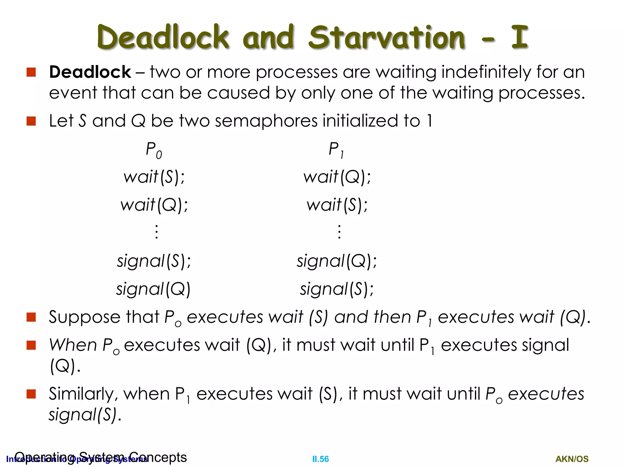 AKN/OSII.56Introduction to Operating SystemsOperating System Concepts
Deadlock and Starvation - I
 Deadlock – two or more processes are waiting indefinitely for an
event that can be caused by only one of the waiting processes.
 Let S and Q be two semaphores initialized to 1
P0 P1
wait(S); wait(Q);
wait(Q); wait(S);
 
signal(S); signal(Q);
signal(Q) signal(S);
 Suppose that Po executes wait (S) and then P1 executes wait (Q).
 When Po executes wait (Q), it must wait until P1 executes signal
(Q).
 Similarly, when P1 executes wait (S), it must wait until Po executes
signal(S).
 