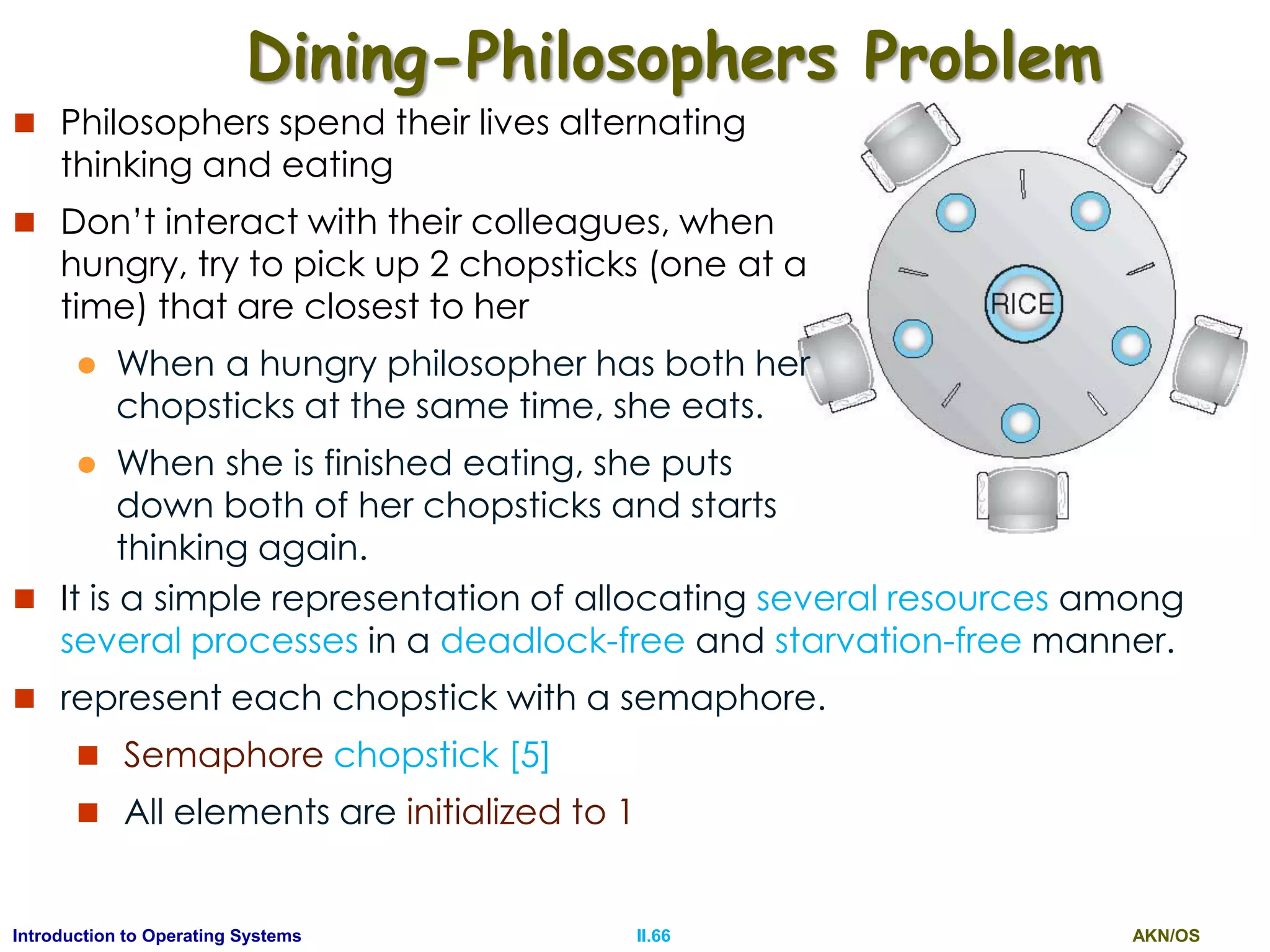 AKN/OSII.66Introduction to Operating Systems
Dining-Philosophers Problem
 It is a simple representation of allocating several resources among
several processes in a deadlock-free and starvation-free manner.
 represent each chopstick with a semaphore.
 Semaphore chopstick [5]
 All elements are initialized to 1
 Philosophers spend their lives alternating
thinking and eating
 Don’t interact with their colleagues, when
hungry, try to pick up 2 chopsticks (one at a
time) that are closest to her
 When a hungry philosopher has both her
chopsticks at the same time, she eats.
 When she is finished eating, she puts
down both of her chopsticks and starts
thinking again.
 