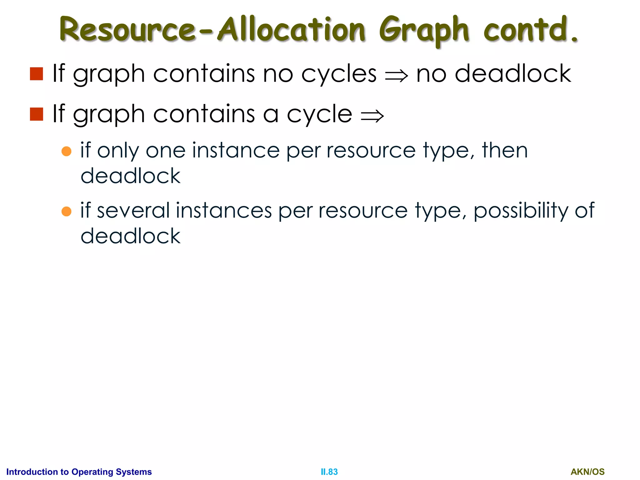 AKN/OSII.83Introduction to Operating Systems
Resource-Allocation Graph contd.
 If graph contains no cycles  no deadlock
 If graph contains a cycle 
 if only one instance per resource type, then
deadlock
 if several instances per resource type, possibility of
deadlock
 