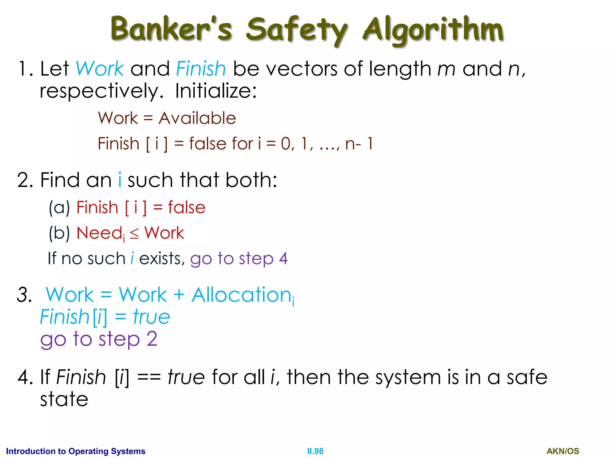AKN/OSII.98Introduction to Operating Systems
Banker’s Safety Algorithm
1. Let Work and Finish be vectors of length m and n,
respectively. Initialize:
Work = Available
Finish [ i ] = false for i = 0, 1, …, n- 1
2. Find an i such that both:
(a) Finish [ i ] = false
(b) Needi  Work
If no such i exists, go to step 4
3. Work = Work + Allocationi
Finish[i] = true
go to step 2
4. If Finish [i] == true for all i, then the system is in a safe
state
 