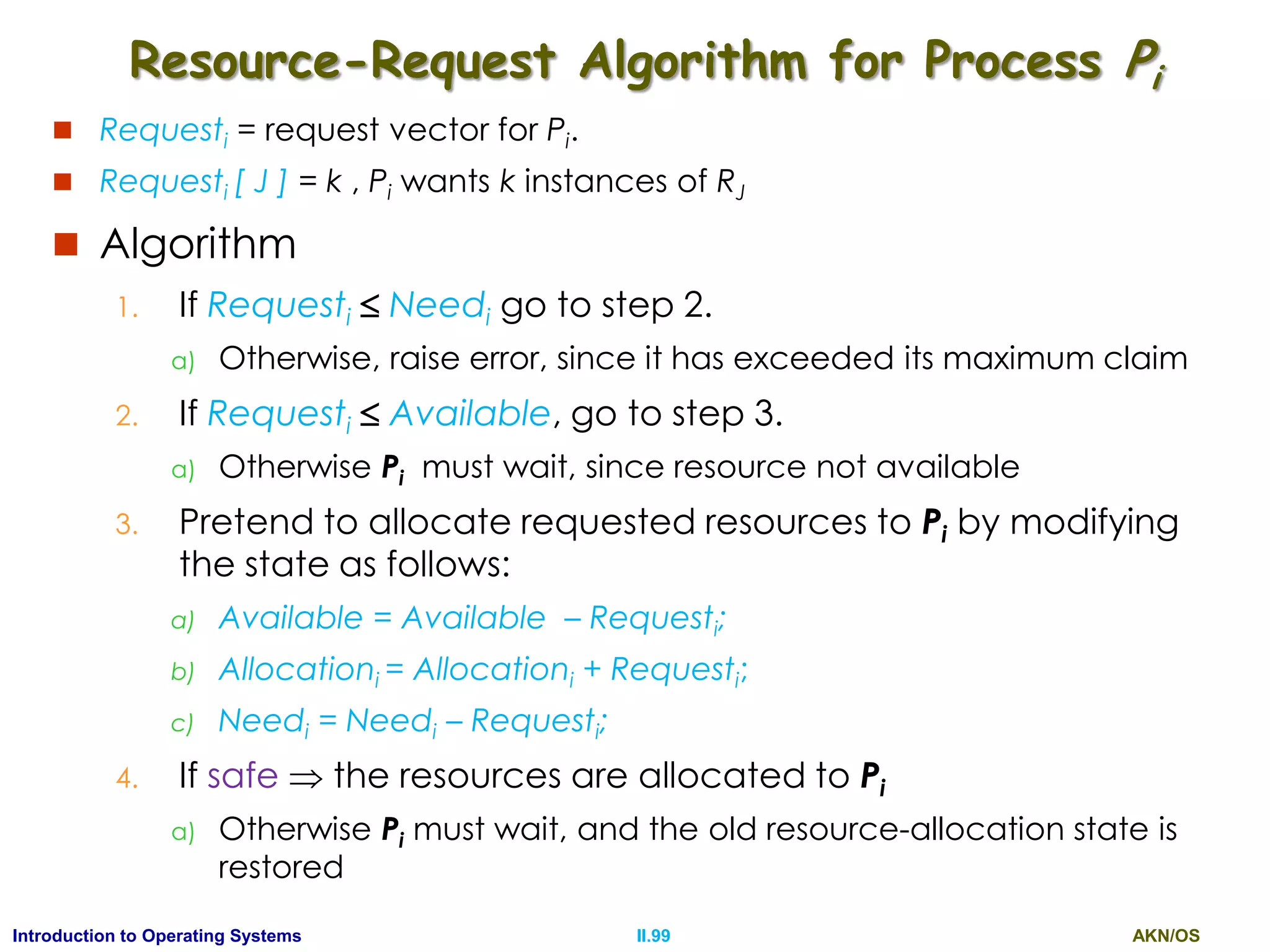 AKN/OSII.99Introduction to Operating Systems
Resource-Request Algorithm for Process Pi
 Requesti = request vector for Pi.
 Requesti [ J ] = k , Pi wants k instances of RJ
 Algorithm
1. If Requesti  Needi go to step 2.
a) Otherwise, raise error, since it has exceeded its maximum claim
2. If Requesti  Available, go to step 3.
a) Otherwise Pi must wait, since resource not available
3. Pretend to allocate requested resources to Pi by modifying
the state as follows:
a) Available = Available – Requesti;
b) Allocationi = Allocationi + Requesti;
c) Needi = Needi – Requesti;
4. If safe  the resources are allocated to Pi
a) Otherwise Pi must wait, and the old resource-allocation state is
restored
 