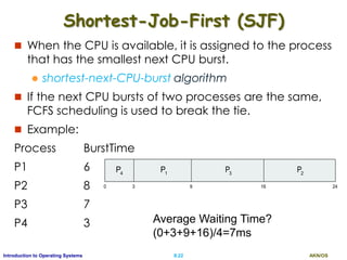 AKN/OSII.22Introduction to Operating Systems
Shortest-Job-First (SJF)
 When the CPU is available, it is assigned to the process
that has the smallest next CPU burst.
 shortest-next-CPU-burst algorithm
 If the next CPU bursts of two processes are the same,
FCFS scheduling is used to break the tie.
 Example:
Process BurstTime
P1 6
P2 8
P3 7
P4 3
P3
0 3 24
P4
P1
169
P2
Average Waiting Time?
(0+3+9+16)/4=7ms
 