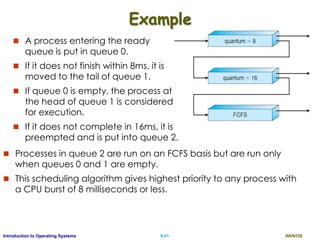 AKN/OSII.41Introduction to Operating Systems
Example
 A process entering the ready
queue is put in queue 0.
 If it does not finish within 8ms, it is
moved to the tail of queue 1.
 If queue 0 is empty, the process at
the head of queue 1 is considered
for execution.
 If it does not complete in 16ms, it is
preempted and is put into queue 2.
 Processes in queue 2 are run on an FCFS basis but are run only
when queues 0 and 1 are empty.
 This scheduling algorithm gives highest priority to any process with
a CPU burst of 8 milliseconds or less.
 