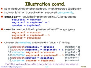 AKN/OSII.44Introduction to Operating Systems
Illustration contd.
 Both the routines function correctly when executed separately
 May not function correctly when executed concurrently.
 counter++ could be implemented in M/C language as
register1 = counter
register1 = register1 + 1
counter = register1
 counter-- could be implemented in M/C language as
register2 = counter
register2 = register2 - 1
counter = register2
 Consider an interleaving execution with “count = 5” initially:
S0: producer: register1 = counter
S1: producer: register1 = register1 + 1
S2: consumer: register2 = counter
S3: consumer: register2 = register2 – 1
S4: producer: counter = register1
S5: consumer: counter = register2
Find the value of counter after above execution sequence
{register1 = 5}
{register1 = 6}
{register2 = 5}
{register2 = 4}
{counter = 6}
{counter = 4}
 
