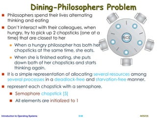 AKN/OSII.66Introduction to Operating Systems
Dining-Philosophers Problem
 It is a simple representation of allocating several resources among
several processes in a deadlock-free and starvation-free manner.
 represent each chopstick with a semaphore.
 Semaphore chopstick [5]
 All elements are initialized to 1
 Philosophers spend their lives alternating
thinking and eating
 Don’t interact with their colleagues, when
hungry, try to pick up 2 chopsticks (one at a
time) that are closest to her
 When a hungry philosopher has both her
chopsticks at the same time, she eats.
 When she is finished eating, she puts
down both of her chopsticks and starts
thinking again.
 