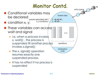 AKN/OSII.71Introduction to Operating Systems
Monitor Contd.
 Conditional variables may
be declared
 condition x, y;
 These variables can access
wait and signal
 i.e. when a process invokes
x. wait(); , the process is
suspended till another process
invokes x.signal();
 The x. signal() operation
resumes exactly one
suspended process.
 It has no effect if no process is
suspended
 