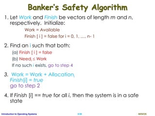 AKN/OSII.98Introduction to Operating Systems
Banker’s Safety Algorithm
1. Let Work and Finish be vectors of length m and n,
respectively. Initialize:
Work = Available
Finish [ i ] = false for i = 0, 1, …, n- 1
2. Find an i such that both:
(a) Finish [ i ] = false
(b) Needi  Work
If no such i exists, go to step 4
3. Work = Work + Allocationi
Finish[i] = true
go to step 2
4. If Finish [i] == true for all i, then the system is in a safe
state
 
