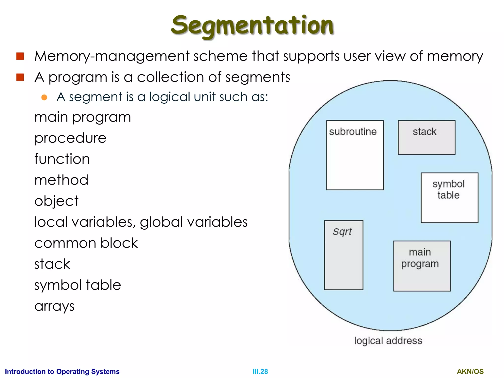 AKN/OSIII.28Introduction to Operating Systems
Segmentation
 Memory-management scheme that supports user view of memory
 A program is a collection of segments
 A segment is a logical unit such as:
main program
procedure
function
method
object
local variables, global variables
common block
stack
symbol table
arrays
 
