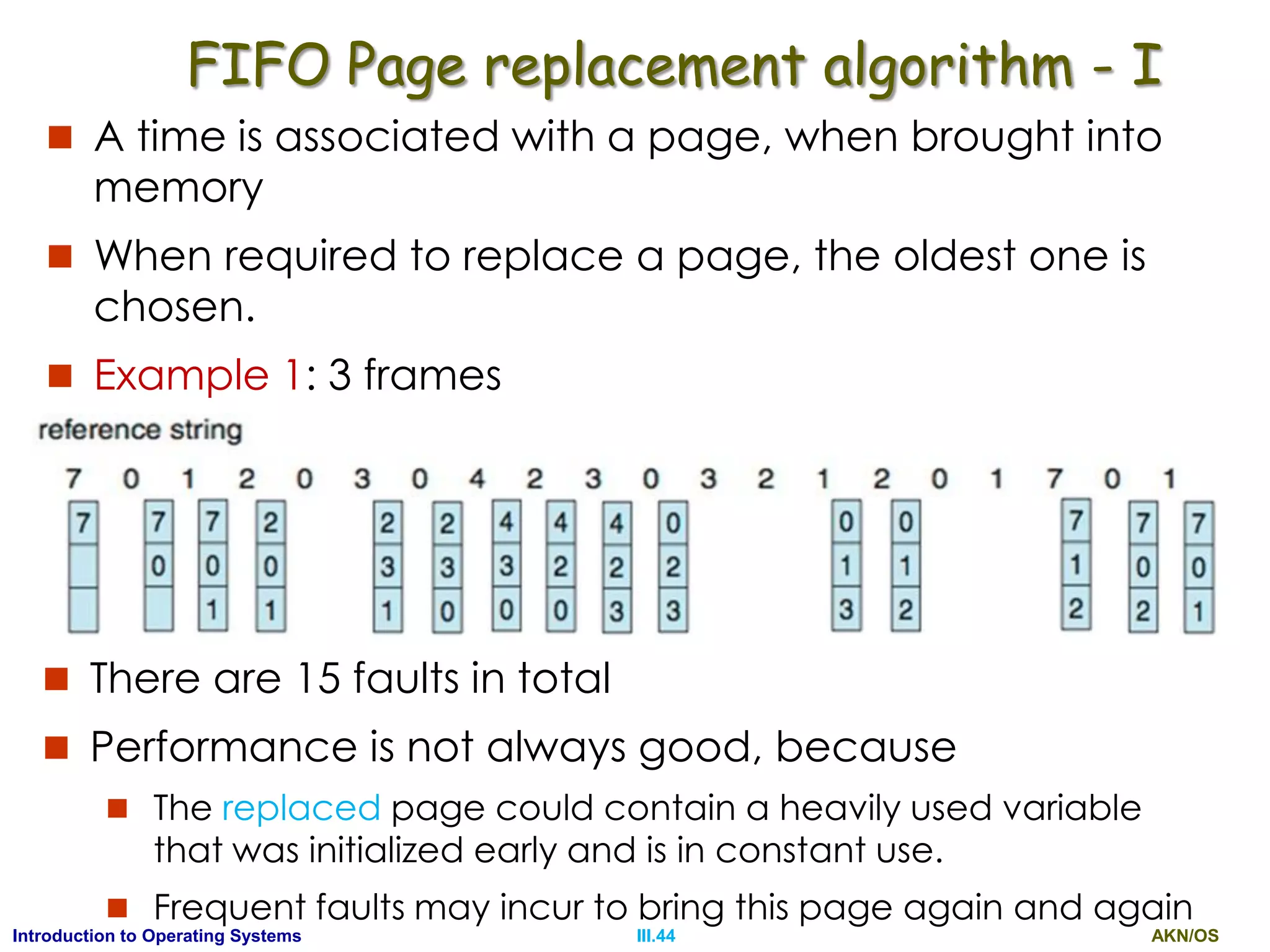AKN/OSIII.44Introduction to Operating Systems
FIFO Page replacement algorithm - I
 A time is associated with a page, when brought into
memory
 When required to replace a page, the oldest one is
chosen.
 Example 1: 3 frames
 There are 15 faults in total
 Performance is not always good, because
 The replaced page could contain a heavily used variable
that was initialized early and is in constant use.
 Frequent faults may incur to bring this page again and again
 