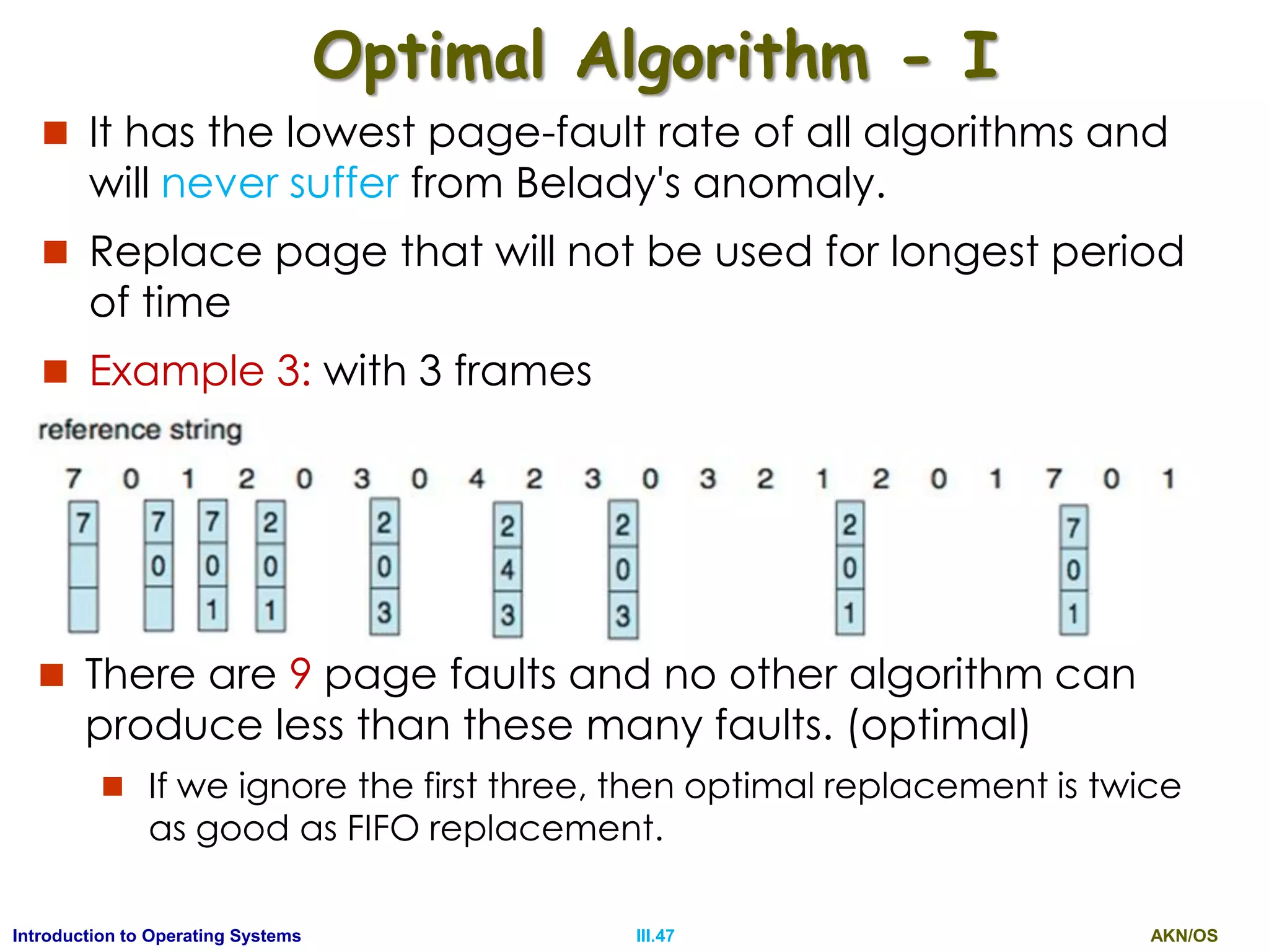 AKN/OSIII.47Introduction to Operating Systems
Optimal Algorithm - I
 It has the lowest page-fault rate of all algorithms and
will never suffer from Belady's anomaly.
 Replace page that will not be used for longest period
of time
 Example 3: with 3 frames
 There are 9 page faults and no other algorithm can
produce less than these many faults. (optimal)
 If we ignore the first three, then optimal replacement is twice
as good as FIFO replacement.
 