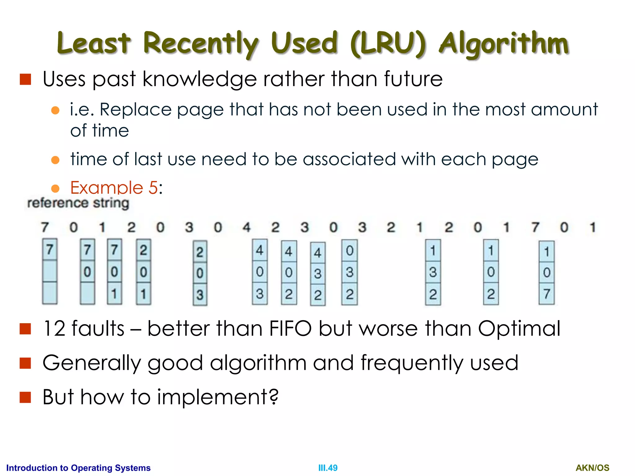AKN/OSIII.49Introduction to Operating Systems
Least Recently Used (LRU) Algorithm
 Uses past knowledge rather than future
 i.e. Replace page that has not been used in the most amount
of time
 time of last use need to be associated with each page
 Example 5:
 12 faults – better than FIFO but worse than Optimal
 Generally good algorithm and frequently used
 But how to implement?
 
