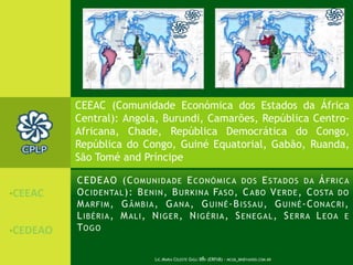 SADC.Integrantes SADC (Comunidade para o Desenvolvimento da África Austral): Angola, Botsvana, Ilhas Maurícia, República Democrática do Congo, Lesoto, Malávi, Moçambique, Namíbia, Seicheles, África do Sul, Suasilândia, Tanzânia, Zâmbia, Zimbabué.Lic.Maria Celeste Gigli Box (ERFdB) - mcgb_br@yahoo.com.br3