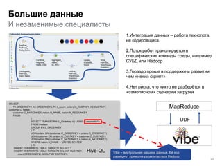 И незаменимые специалисты
Большие данные
SELECT
T1.ORDERKEY1 AS ORDERKEY2, T1.li_count, orders.O_CUSTKEY AS CUSTKEY,
customer.C_NAME,
customer.C_NATIONKEY, nation.N_NAME, nation.N_REGIONKEY
FROM
(
SELECT TRANSFORM (L_Orderkey.id) USING CustomInfaTx
FROM lineitem
GROUP BY L_ORDERKEY
) T1
JOIN orders ON (customer.C_ORDERKEY = orders.O_ORDERKEY)
JOIN customer ON (orders.O_CUSTKEY = customer.C_CUSTKEY)
JOIN nation ON (customer.C_NATIONKEY = nation.N_NATIONKEY)
WHERE nation.N_NAME = 'UNITED STATES'
) T2
INSERT OVERWRITE TABLE TARGET1 SELECT *
INSERT OVERWRITE TABLE TARGET2 SELECT CUSTKEY,
count(ORDERKEY2) GROUP BY CUSTKEY;
Hive-QL
1.Интеграция данных – работа технолога,
не кодировщика.
2.Поток работ транслируется в
специфические команды среды, например
СУБД или Hadoop
3.Гораздо проще в поддержке и развитии,
чем «некий скрипт».
4.Нет риска, что никто не разберётся в
«самописном» сценарии загрузки
MapReduce
UDF
Vibe – виртуальная машина данных. Её код
развёрнут прямо на узлах кластера Hadoop
22
 
