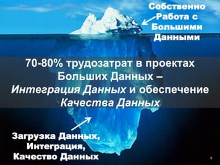 Собственно
Работа с
Большими
Данными
Загрузка Данных,
Интеграция,
Качество Данных
70-80% трудозатрат в проектах
Больших Данных –
Интеграция Данных и обеспечение
Качества Данных
8
 
