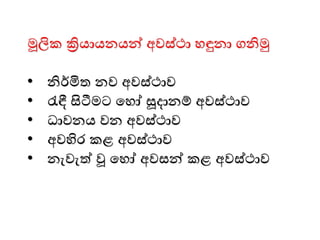 මූලික ක්‍රියායනයන් අවස්ථා ෙඳුනා ගනිමු
• නිර්මිත නව අවස්ථාව
• රැඳී සිටීෙට මෙෝ සූදානම් අවස්ථාව
• ධාවනය වන අවස්ථාව
• අවහිෙ කළ අවස්ථාව
• නැවැත් වූ මෙෝ අවසන් කළ අවස්ථාව
 