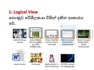 1- Logical View
මගාණුව පරිශීලකයා විසින් දකින ආකාෙය
මේ.
 