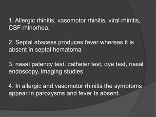 1. Allergic rhinitis, vasomotor rhinitis, viral rhinitis,
CSF rhinorhea.
2. Septal abscess produces fever whereas it is
absent in septal hematoma
3. nasal patency test, catheter test, dye test, nasal
endoscopy, imaging studies
4. In allergic and vasomotor rhinitis the symptoms
appear in paroxysms and fever Is absent.
 
