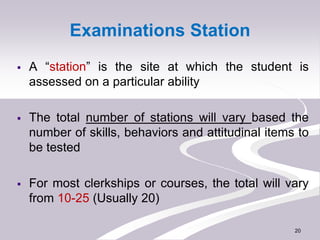 Examinations Station
 A “station” is the site at which the student is
assessed on a particular ability
 The total number...