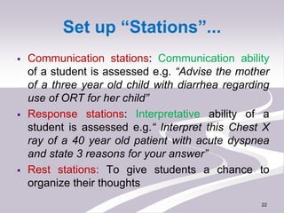 Set up “Stations”...
 Communication stations: Communication ability
of a student is assessed e.g. “Advise the mother
of a...