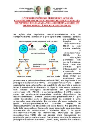 O NEUROTRANSMISSOR MSH EXERCE AÇÃO NO
COMPORTAMENTO ALIMENTAR PRINCIPALMENTE ATRAVÉS
DO PEPTÍDEO DE LIGAÇÃO À MELANOCORTINA-MC4R E, EM
MENOR MEDIDA, À MELANOCORTINA-MC3R;

As ações dos peptídeos neurotransmissores MSH no
comportamento alimentar é principalmente exercida através
do peptídeo de
ligação
à
melanocortinaMC4R
e,
em
menor medida,
à
melanocortinaMC3R.
As
mutações
genéticas
em
seres humanos,
bem como em
animais
que
interrompem a
expressão
e
processamento
(que inclui as
proteases
que
processam a pró-opiomelanocortina-POMC) de peptídeos e de
pró-opiomelanocortina-POMC
melanocortinas-MCRs
estão
associadas com alterações no equilíbrio de energia e podem
levar à obesidade e diabetes do tipo 2. Nos seres humanos
tem havido mutações identificadas em pró-hormônio
convertase 1/3 (PC1/3) e carboxipeptidase E (CPE), assim
como na prolylcarboxypeptidase enzima degradante do
neurotransmissor α-MSH prolicarboxipeptidase-PRCP que
estão associadas com o desequilíbrio de energia e uma
propensão para obesidade. Em ratinhos de uma mutação no
gene
carboxipeptidaqse-CPE
também
resulta
no
desenvolvimento de obesidade de início tardio. No genoma de
toda tela para polimorfismos do gene associado com um risco
aumentado de desenvolver o diabetes tipo 2 do gene
melanocortina-MC4R foi identificado. Mutações no gene
melanocortina-MC4R são as causas mais frequentes de
obesidade grave em humanos. Em ratinhos de ablação do gene
pró-opiomelanocortina-POMC (POMC nulo) resulta em animais

 