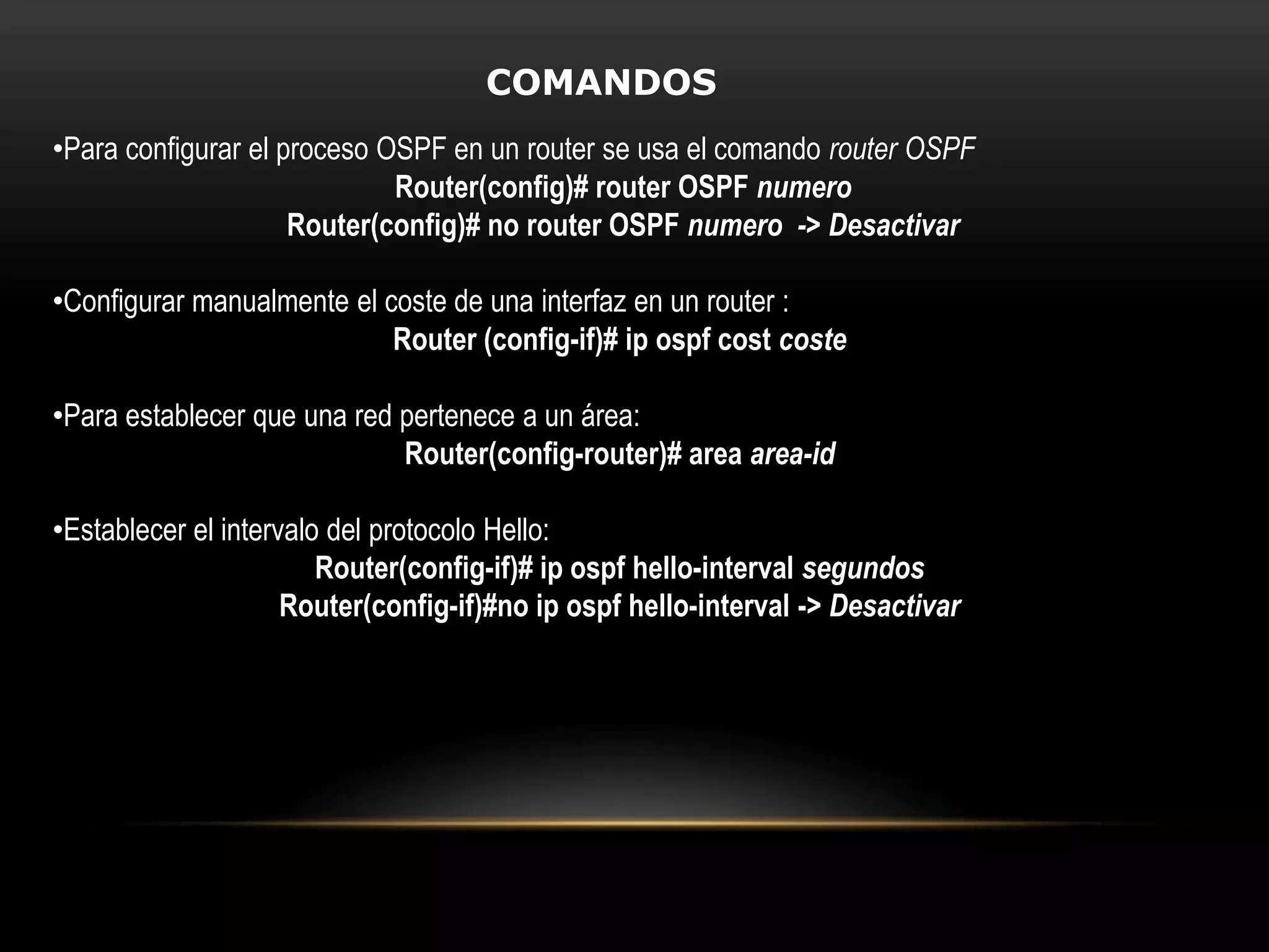 Área stubUn área stub es aquella que no recibe rutas externas. Las rutas externas se definen como rutas que fueron inyectadas en OSPF desde otro protocolo de enrutamiento. Por lo tanto, las rutas de segmento necesitan normalmente apoyarse en las rutas predeterminadas para poder enviar tráfico a rutas fuera del segmento.Área not-so-stubbyTambién conocidas como NSSA, constituyen un tipo de área stub que puede importar rutas externas de sistemas autónomos y enviarlas al backbone, pero no puede recibir rutas externas de sistemas autónomos desde el backbone u otras áreas.