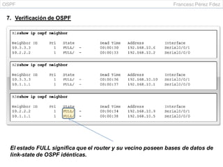 OSPF Francesc Pérez Fdez
7. Verificación de OSPF
El estado FULL significa que el router y su vecino poseen bases de datos de
link-state de OSPF idénticas.
 