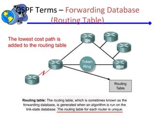 OSPF Terms – Forwarding Database
(Routing Table)
The lowest cost path is
added to the routing table
 
