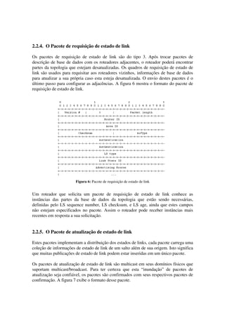 2.2.4. O Pacote de requisição de estado de link
Os pacotes de requisição de estado de link são do tipo 3. Após trocar pacotes de
descrição de base de dados com os roteadores adjacentes, o roteador poderá encontrar
partes da topologia que estejam desatualizadas. Os quadros de requisição de estado de
link são usados para requisitar aos roteadores vizinhos, informações de base de dados
para atualizar a sua própria caso esta esteja desatualizada. O envio destes pacotes é o
último passo para configurar as adjacências. A figura 6 mostra o formato do pacote de
requisição de estado de link.
Figura 6: Pacote de requisição de estado de link
Um roteador que solicita um pacote de requisição de estado de link conhece as
instâncias das partes da base de dados da topologia que estão sendo necessárias,
definidas pelo LS sequence number, LS checksum, e LS age, ainda que estes campos
não estejam especificados no pacote. Assim o roteador pode receber instâncias mais
recentes em resposta a sua solicitação.
2.2.5. O Pacote de atualização de estado de link
Estes pacotes implementam a distribuição dos estados de links, cada pacote carrega uma
coleção de informações de estado de link de um salto além de sua origem. Isto significa
que muitas publicações de estado de link podem estar inseridas em um único pacote.
Os pacotes de atualização de estado de link são multicast em seus domínios físicos que
suportam multicast/broadcast. Para ter certeza que esta “inundação” de pacotes de
atualização seja confiável, os pacotes são confirmados com seus respectivos pacotes de
confirmação. A figura 7 exibe o formato desse pacote.
 