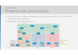 Thomas Moegli
๏ Sur de grands réseaux, la table de routage devient importante et pose problème pour les routeurs d’accès
(Charge mémoire trop importante)
๏ Augmentation importante du nombre de LSA
OSPF Stubs
Problèmes avec grands réseaux
110
OSPF
Area 10
OSPF
Area 0
RIPv2
OSPF
Area 20
OSPF
Area 30
ABR ABR
ASBR
ABR
100+
Routes
100+
Routes
100+
Routes
100+
Routes
200+
Routes
# show ip route ospf
O = 100
O IA = 300
E1/E2 = 200
 