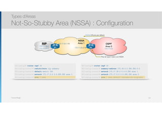 Thomas Moegli
Types d’Areas
Not-So-Stubby Area (NSSA) : Configuration
124
RIP
172.17.10.0
172.17.11.0
NSSA
Area 1172.17.20.1/16
0.0.0.0 (Route par défaut)
R1 R2172.17.20.2/16
OSPF
Area 0
172.17.0.0
Pas de type 5 dans une NSSA
R1(config)# router ospf 10
R1(config-router)# redistribute rip subnets
R1(config-router)# default metric 150
R1(config-router)# network 172.17.0.0 0.0.255.255 area 1
R1(config-router)# area 1 nssa
R2(config)# router ospf 10
R2(config-router)# summary-address 172.16.0.0 255.255.0.0
R2(config-router)# network 172.17.20.0 0.0.0.255 area 1
R2(config-router)# network 172.17.0.0 0.0.255.255 area 0
R2(config-router)# area 1 nssa default-information-originate
 