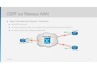 Thomas Moegli
HQ
Frame Relay
Br1
Br2
DLCI = 102
DLCI = 103
DLCI = 201
DLCI = 301
S1/0
S1/0
S1/0
10.1.1.3/24
10.1.1.2/24
10.1.1.1/24
๏ Réseau Frame-Relay (Non-Broadcast - Partial Mesh)
๏ Pas de BDR nécessaire
๏ Le DR devrait être le routeur HQ. Configurer les routers Br1 et Br2 avec une priorité à 0
๏ Les voisins doivent être configurés statiquement
OSPF sur Réseaux WAN
131
 