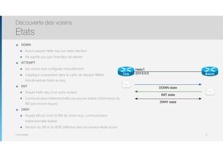 Thomas Moegli
๏ DOWN
๏ Aucun paquet Hello reçu sur cette interface
๏ Ne signifie pas que l’interface est éteinte
๏ ATTEMPT
๏ Les voisins sont configurés manuellement
๏ S’applique uniquement dans le cadre de réseaux NBMA
(NonBroadcast Multi-access)
๏ INIT
๏ Paquet Hello reçu d’un autre routeur
๏ Communication bidirectionnelle pas encore établie (information du
RID pas encore reçues)
๏ 2WAY
๏ Paquet HELLO inclut le RID du voisin reçu, communication
bidirectionnelle établie
๏ Election du DR et du BDR s’effectue dans les réseaux Multi-access
Découverte des voisins
Etats
15
Corp Branch
Hello?
224.0.0.5
DOWN state
INIT state
2WAY state
 