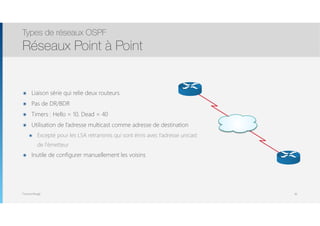 Thomas Moegli
๏ Liaison série qui relie deux routeurs
๏ Pas de DR/BDR
๏ Timers : Hello = 10, Dead = 40
๏ Utilisation de l’adresse multicast comme adresse de destination
๏ Excepté pour les LSA retransmis qui sont émis avec l’adresse unicast
de l’émetteur
๏ Inutile de configurer manuellement les voisins
Types de réseaux OSPF
Réseaux Point à Point
30
 