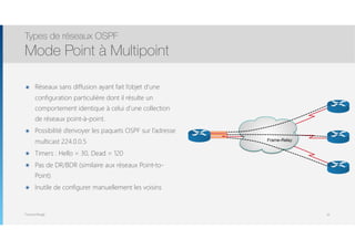 Thomas Moegli
๏ Réseaux sans diffusion ayant fait l’objet d’une
configuration particulière dont il résulte un
comportement identique à celui d’une collection
de réseaux point-à-point.
๏ Possibilité d’envoyer les paquets OSPF sur l’adresse
multicast 224.0.0.5
๏ Timers : Hello = 30, Dead = 120
๏ Pas de DR/BDR (similaire aux réseaux Point-to-
Point)
๏ Inutile de configurer manuellement les voisins
Types de réseaux OSPF
Mode Point à Multipoint
33
Frame-Relay
 