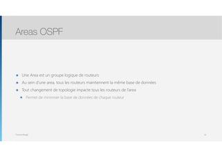 Thomas Moegli
๏ Une Area est un groupe logique de routeurs
๏ Au sein d’une area, tous les routeurs maintiennent la même base de données
๏ Tout changement de topologie impacte tous les routeurs de l’area
๏ Permet de minimiser la base de données de chaque routeur
Areas OSPF
53
 