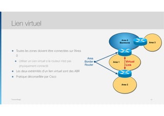 Thomas Moegli
๏ Toutes les zones doivent être connectées sur l’Area
0
๏ Utiliser un Lien virtuel si le routeur n’est pas
physiquement connecté
๏ Les deux extrémités d’un lien virtuel sont des ABR
๏ Pratique déconseillée par Cisco
Lien virtuel
61
Area 3
Area 2
Area 1
Area 0
Backbone
Virtual
Link
Area
Border
Router
 