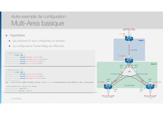 Thomas Moegli
๏ Hypothèses
๏ Les adresses IP sont configurées et activées
๏ La configuration Frame-Relay est effectuée
Autre exemple de configuration
Multi-Area basique
76
192.168.1.0/24
Lo0
1.1.1.1/32
Lo0
4.4.4.4/32
Lo0
3.3.3.3/32
Lo0
2.2.2.2/32
R1
FR
Fa0/0
R3 R4
S0/0.1 S0/0.2
S0/0.1S0/0.1
S0/0.2 S0/0.2
R2
Fa0/0
192.168.0.4/30192.168.0.0/30
10.0.0.0/30
.5
.6
.1
.2
192.168.0.8/30
.10.9
.2
.1
Fa0/0
.1
172.16.2.0/24
Fa0/0
.1
172.16.1.0/24
Fa0/1
.1
Area 1
Area 0
DLCI :
302
DLCI :
203
DLCI :
204
DLCI :
402
DLCI :
403
DLCI :
304
! Configuration sur R1
R1(config)# router ospf 1
R1(config-router)# network 192.168.1.0 0.0.0.255
R1(config-router)# network 192.168.1.0 0.0.0.255 area 1
R1(config-router)# network 10.0.0.0 0.0.0.3 area 1
R1(config-router)# network 1.1.1.1 0.0.0.0 area 1
! Configuration sur R2
R2(config)# router ospf 1
R2(config-router)# network 2.2.2.2 0.0.0.0 area 1
R2(config-router)# network 10.0.0.0 0.0.0.3 area 1
R2(config-router)# network 192.168.0.0 0.0.0.3 area 0
R2(config-router)#
*Mar 1 00:41:02.919: %OSPF-5-ADJCHG: Process 1, Nbr 1.1.1.1 on FastEthernet0/0 from LOADING to FULL, Loading Done
! Autre méthode pour annoncer les réseaux
R2(config-router)# int S0/0.2
R2(config-subif)# ip ospf 1 area 0
 