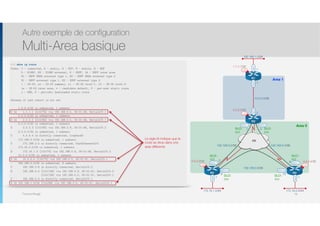 Thomas Moegli
Autre exemple de configuration
Multi-Area basique
78
192.168.1.0/24
Lo0
1.1.1.1/32
Lo0
4.4.4.4/32
Lo0
3.3.3.3/32
Lo0
2.2.2.2/32
R1
FR
Fa0/0
R3 R4
S0/0.1 S0/0.2
S0/0.1S0/0.1
S0/0.2 S0/0.2
R2
Fa0/0
192.168.0.4/30192.168.0.0/30
10.0.0.0/30
.5
.6
.1
.2
192.168.0.8/30
.10.9
.2
.1
Fa0/0
.1
172.16.2.0/24
Fa0/0
.1
172.16.1.0/24
Fa0/1
.1
Area 1
Area 0
DLCI :
302
DLCI :
203
DLCI :
204
DLCI :
402
DLCI :
403
DLCI :
304
R4# show ip route
Codes: C - connected, S - static, R - RIP, M - mobile, B - BGP
D - EIGRP, EX - EIGRP external, O - OSPF, IA - OSPF inter area
N1 - OSPF NSSA external type 1, N2 - OSPF NSSA external type 2
E1 - OSPF external type 1, E2 - OSPF external type 2
i - IS-IS, su - IS-IS summary, L1 - IS-IS level-1, L2 - IS-IS level-2
ia - IS-IS inter area, * - candidate default, U - per-user static route
o - ODR, P - periodic downloaded static route
Gateway of last resort is not set
1.0.0.0/32 is subnetted, 1 subnets
O IA 1.1.1.1 [110/75] via 192.168.0.5, 00:01:48, Serial0/0.1
2.0.0.0/32 is subnetted, 1 subnets
O IA 2.2.2.2 [110/65] via 192.168.0.5, 00:01:48, Serial0/0.1
3.0.0.0/32 is subnetted, 1 subnets
O 3.3.3.3 [110/65] via 192.168.0.9, 00:01:48, Serial0/0.2
4.0.0.0/32 is subnetted, 1 subnets
C 4.4.4.4 is directly connected, Loopback0
172.168.0.0/24 is subnetted, 1 subnets
C 172.168.2.0 is directly connected, FastEthernet0/0
172.16.0.0/24 is subnetted, 1 subnets
O 172.16.1.0 [110/74] via 192.168.0.9, 00:01:49, Serial0/0.2
10.0.0.0/30 is subnetted, 1 subnets
O IA 10.0.0.0 [110/74] via 192.168.0.5, 00:01:51, Serial0/0.1
192.168.0.0/30 is subnetted, 3 subnets
C 192.168.0.8 is directly connected, Serial0/0.2
O 192.168.0.0 [110/128] via 192.168.0.9, 00:01:51, Serial0/0.2
[110/128] via 192.168.0.5, 00:01:51, Serial0/0.1
C 192.168.0.4 is directly connected, Serial0/0.1
O IA 192.168.1.0/24 [110/84] via 192.168.0.5, 00:01:51, Serial0/0.1
Le sigle IA indique que la
route se situe dans une
area différente
 