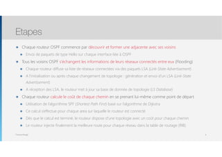 Thomas Moegli
๏ Chaque routeur OSPF commence par découvrir et former une adjacente avec ses voisins
๏ Envoi de paquets de type Hello sur chaque interface liée à OSPF
๏ Tous les voisins OSPF s’échangent les informations de leurs réseaux connectés entre eux (Flooding)
๏ Chaque routeur diffuse sa liste de réseaux connectées via des paquets LSA (Link-State Advertisement)
๏ A l’initialisation ou après chaque changement de topologie : génération et envoi d’un LSA (Link-State
Advertisement)
๏ A réception des LSA, le routeur met à jour sa base de donnée de topologie (LS Database)
๏ Chaque routeur calcule le coût de chaque chemin en se prenant lui-même comme point de départ
๏ Utilisation de l’algorithme SPF (Shortest Path First) basé sur l’algorithme de Dijkstra
๏ Ce calcul s’effectue pour chaque area sur laquelle le routeur est connecté
๏ Dès que le calcul est terminé, le routeur dispose d’une topologie avec un coût pour chaque chemin
๏ Le routeur injecte finalement la meilleure route pour chaque réseau dans la table de routage (RIB)
Etapes
8
 
