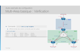 Thomas Moegli
๏ Commande :
๏ Affiche la liste des voisins connectés avec le routeur
Autre exemple de configuration
Multi-Area basique : Vérification
81
192.168.1.0/24
Lo0
1.1.1.1/32
Lo0
4.4.4.4/32
Lo0
3.3.3.3/32
Lo0
2.2.2.2/32
R1
FR
Fa0/0
R3 R4
S0/0.1 S0/0.2
S0/0.1S0/0.1
S0/0.2 S0/0.2
R2
Fa0/0
192.168.0.4/30192.168.0.0/30
10.0.0.0/30
.5
.6
.1
.2
192.168.0.8/30
.10.9
.2
.1
Fa0/0
.1
172.16.2.0/24
Fa0/0
.1
172.16.1.0/24
Fa0/1
.1
Area 1
Area 0
DLCI :
302
DLCI :
203
DLCI :
204
DLCI :
402
DLCI :
403
DLCI :
304
R2# show ip ospf neighbor
Neighbor ID Pri State Dead Time Address Interface
4.4.4.4 0 FULL/ - 00:00:39 192.168.0.6 Serial0/0.2
3.3.3.3 0 FULL/ - 00:00:34 192.168.0.2 Serial0/0.1
1.1.1.1 1 FULL/DR 00:00:39 10.0.0.1 FastEthernet0/0
Router# show ip ospf neighbor
 