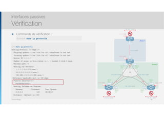 Thomas Moegli
๏ Commande de vérification :
Interfaces passives
Vérification
85
Router# show ip protocols
192.168.1.0/24
Lo0
1.1.1.1/32
Lo0
4.4.4.4/32
Lo0
3.3.3.3/32
Lo0
2.2.2.2/32
R1
FR
Fa0/0
R3 R4
S0/0.1 S0/0.2
S0/0.1S0/0.1
S0/0.2 S0/0.2
R2
Fa0/0
192.168.0.4/30192.168.0.0/30
10.0.0.0/30
.5
.6
.1
.2
192.168.0.8/30
.10.9
.2
.1
Fa0/0
.1
172.16.2.0/24
Fa0/0
.1
172.16.1.0/24
Fa0/1
.1
Area 1
Area 0
DLCI :
302
DLCI :
203
DLCI :
204
DLCI :
402
DLCI :
403
DLCI :
304
OSPF OSPF
OSPF
R1# show ip protocols
Routing Protocol is "ospf 1"
Outgoing update filter list for all interfaces is not set
Incoming update filter list for all interfaces is not set
Router ID 1.1.1.1
Number of areas in this router is 1. 1 normal 0 stub 0 nssa
Maximum path: 4
Routing for Networks:
1.1.1.1 0.0.0.0 area 1
10.0.0.0 0.0.0.3 area 1
192.168.1.0 0.0.0.255 area 1
Reference bandwidth unit is 100 mbps
Passive Interface(s):
FastEthernet0/1
Routing Information Sources:
Gateway Distance Last Update
2.2.2.2 110 00:00:17
Distance: (default is 110)
 