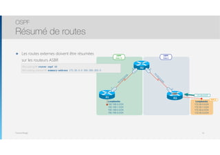 Thomas Moegli
๏ Les routes externes doivent être résumées
sur les routeurs ASBR 
 
OSPF
Résumé de routes
91
R1
R2
R3
S2/0.1
S2/0
S2/1
S2/1
.2 .2
.3
10.23.0.0/24
10.12.0.0/24
Loopbacks
192.168.0.0/24
192.168.1.0/24
192.168.2.0/24
192.168.3.0/24
OSPF
Area 10
OSPF
Area 0
172.30.0.0/22
ASBR
Loopbacks
172.30.0.0/24
172.30.1.0/24
172.30.2.0/24
172.30.3.0/24
RIPv2
R3(config)# router ospf 10
R3(config-router)# summary-address 172.30.0.0 255.255.252.0
 