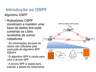 Introdução ao OSPF
Algoritmo OSPF
 Roteadores OSPF
constroem e mantém uma
base de dados link-state
contendo os LSAs
recebidos de outros
roteadores
–As informações da base de
dados são utilizadas pela
execução do algoritmo SPF
Dijkstra
–O algoritmo SPF é usado para
criar a árvore SPF
–A árvore SPF é usada para
popular a tabela de roteamento
 