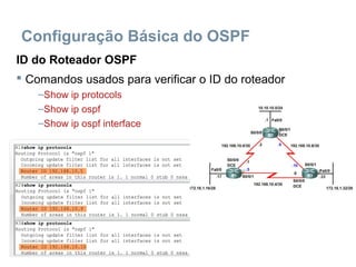 Configuração Básica do OSPF
ID do Roteador OSPF
 Comandos usados para verificar o ID do roteador
–Show ip protocols
–Show ip ospf
–Show ip ospf interface
 