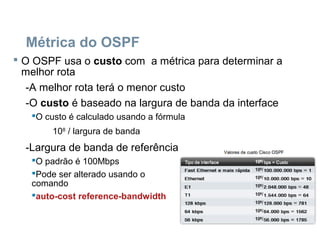Métrica do OSPF
 O OSPF usa o custo com a métrica para determinar a
melhor rota
-A melhor rota terá o menor custo
-O custo é baseado na largura de banda da interface
O custo é calculado usando a fórmula
108
/ largura de banda
-Largura de banda de referência
O padrão é 100Mbps
Pode ser alterado usando o
comando
auto-cost reference-bandwidth
 